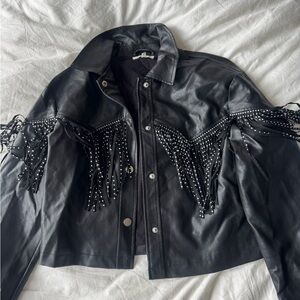 Black Faux Leather Fringe Western Jacket